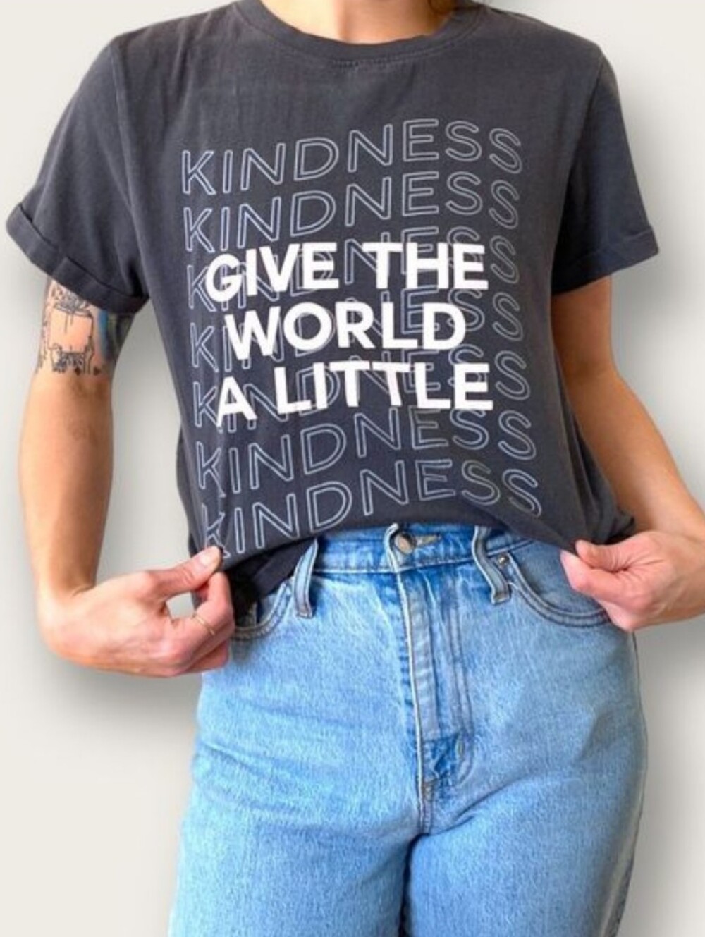 Give the World a Little Kindness Retro Tee Rolled Sleeves Size S